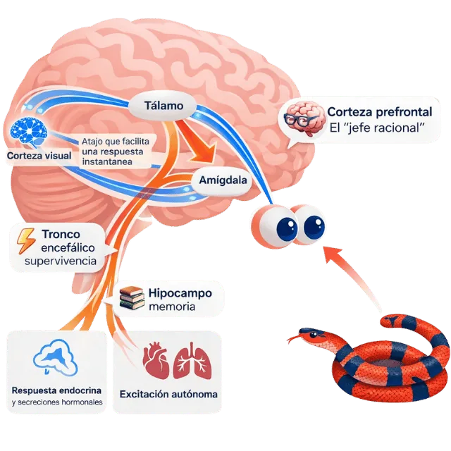 Ilustración del cerebro: el tálamo manda la señal de peligro a la amígdala por un atajo rápido, la amígdala activa el tronco encefálico, la respuesta hormonal y la excitación del cuerpo, y la corteza prefrontal llega después a evaluar la situación.